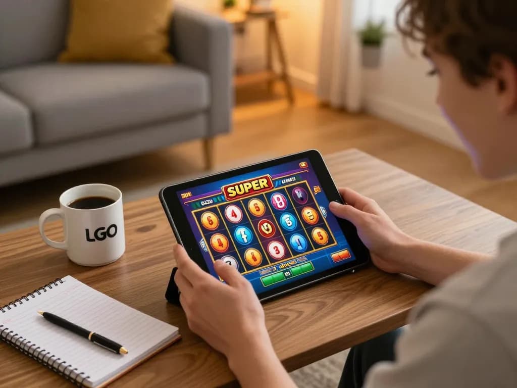 Engaging with LGO SUPER slots on a tablet, cozy home gaming atmosphere with strategies