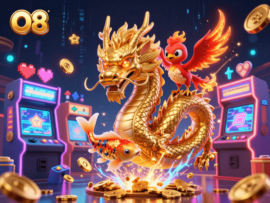 Experience thrilling gameplay at O8 with a vibrant scene featuring a golden dragon, phoenix, and koi fish among dynamic casino elements.