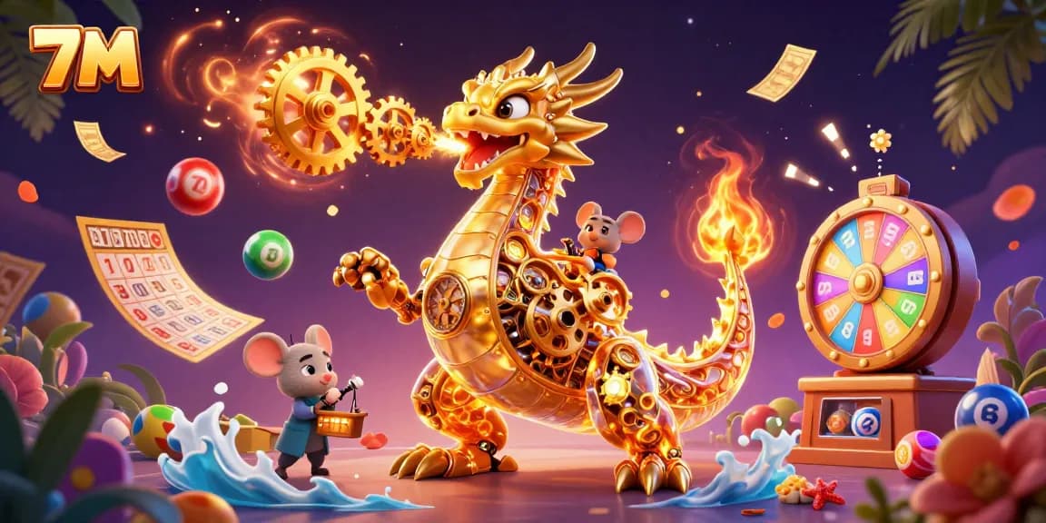 Engage in a vibrant gambling experience with 7M, featuring a golden dragon and lottery elements.