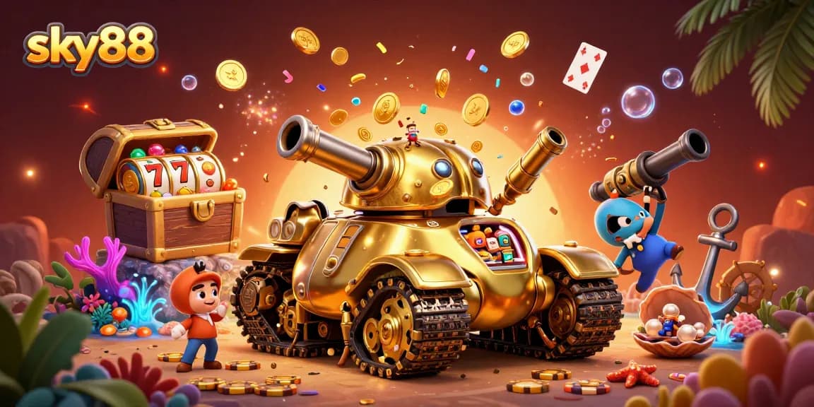Experience thrilling gaming action at sky88 with vibrant slot reels and a spectacular casino scene.