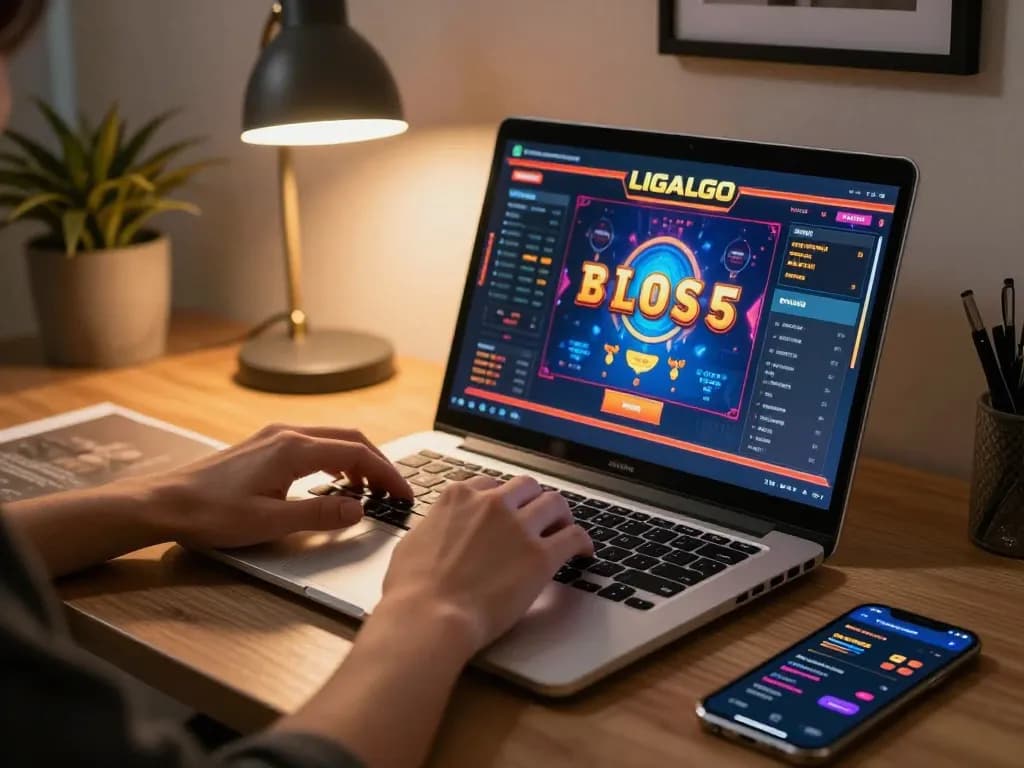 A person engaging with the Agen LIGALGO platform on a laptop, showcasing the interactive online gaming experience.
