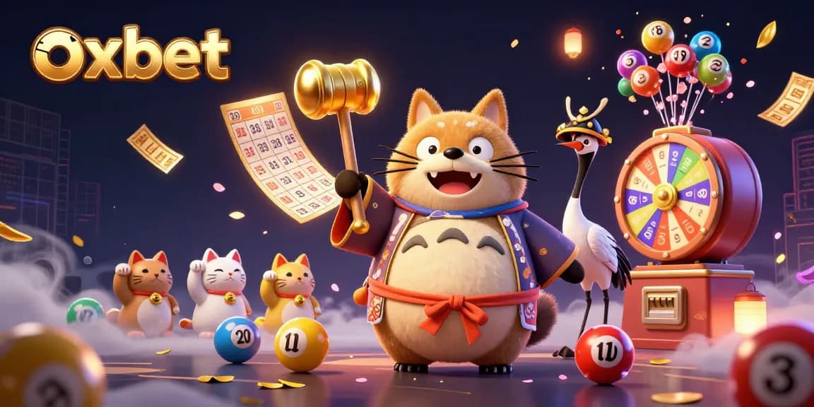 Engage with oxbet's vibrant gambling scene featuring a cheerful tanuki and colorful elements.