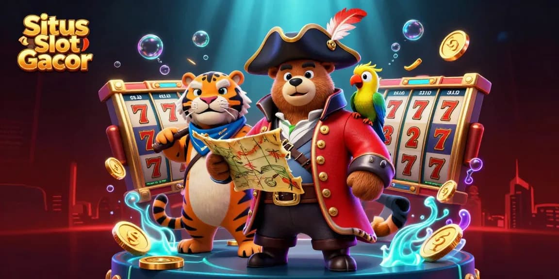 Situs Slot Gacor showcases a thrilling scene with a pirate bear, tiger, and parrot celebrating big wins and jackpot spins.