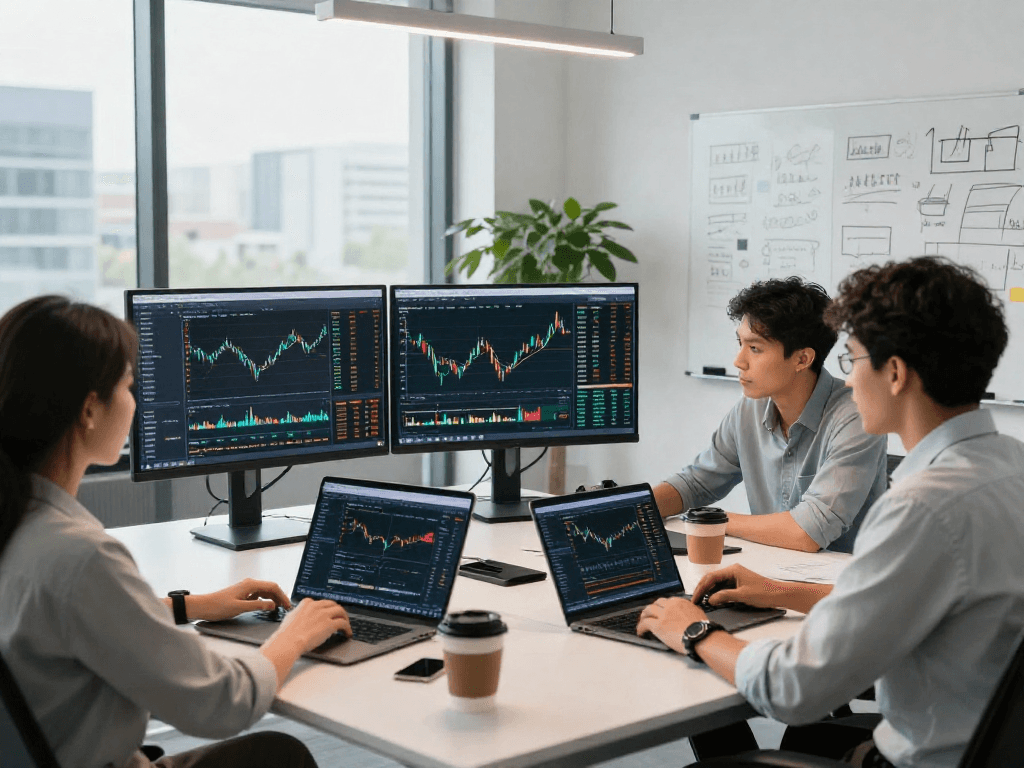 Análisis en grupo de datos sobre trading de Immediate Edge en oficina moderna, pantallas mostrando gráficos.
