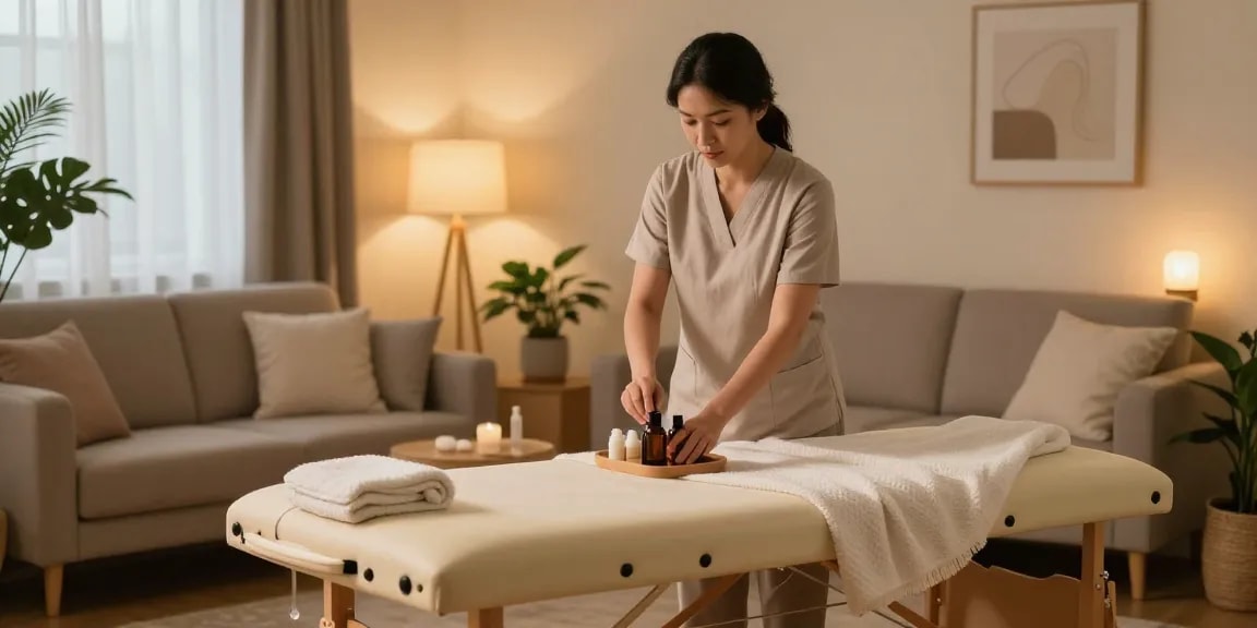 Experience premium 수원출장안마 services in a cozy home setting with a professional therapist preparing for a relaxing massage session.