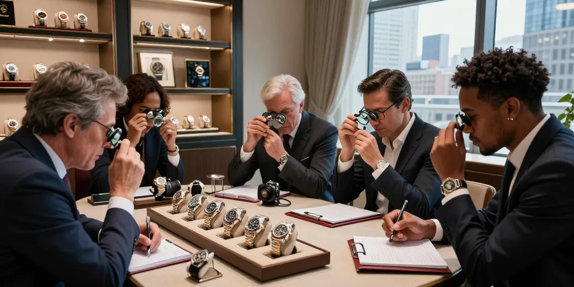 Engaged group examining rolex super clone watches in a luxurious showroom, highlighting craftsmanship and atmosphere.