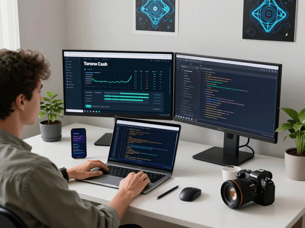 Engaged user analyzing tornardocash cryptocurrency transactions in a modern digital workspace, showcasing privacy technology in action.