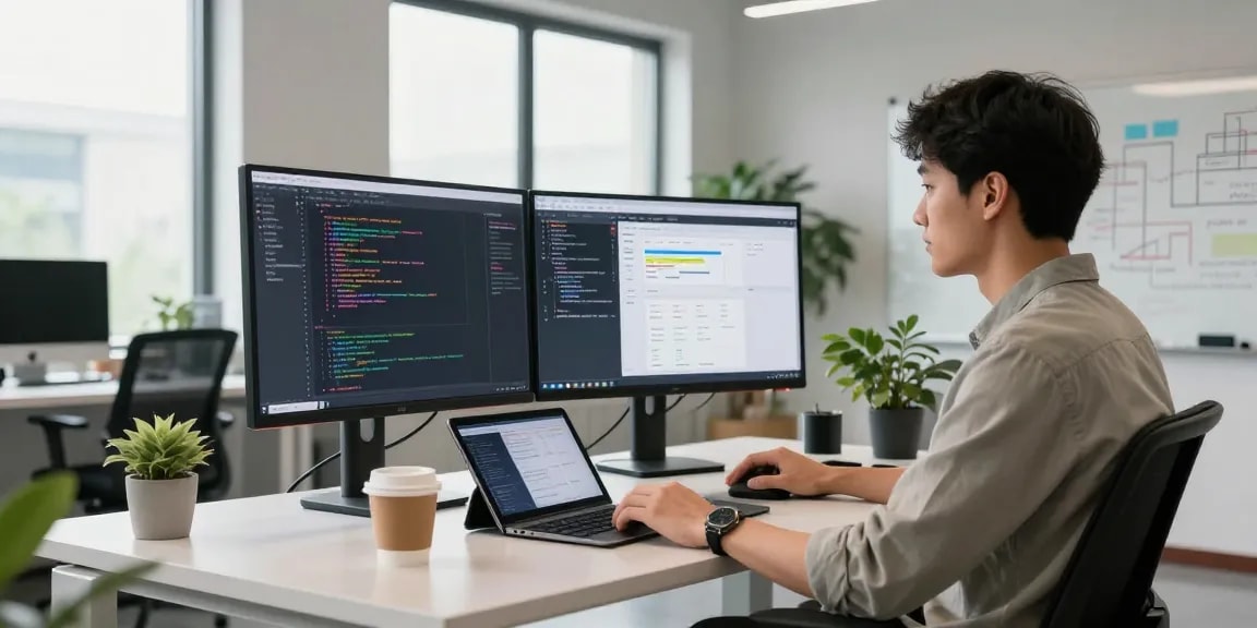 Build internal tools with AI in a modern tech workspace featuring a developer coding, dual monitors, and digital tools.