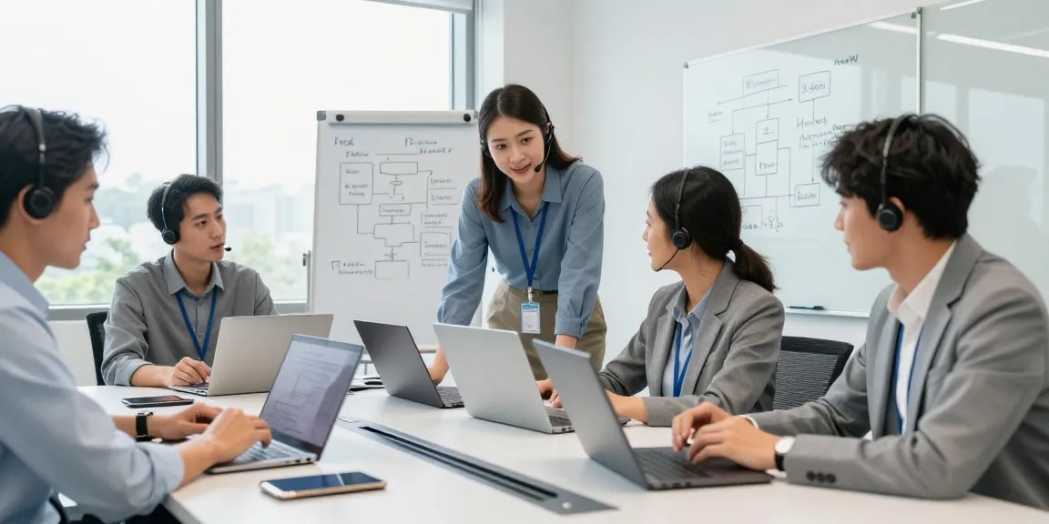 Team discussing it support for businesses in a modern office with laptops and digital devices.