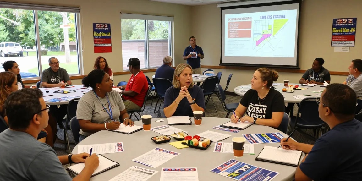 Discussion on Casey Askar's candidacy at community center with engaged voters and campaign materials.