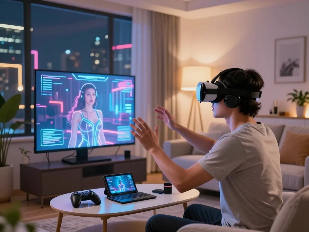 Interactive AI sex virtual reality experience with user in headset.