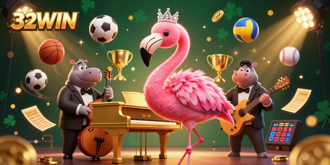 Experience winning thrills at 32WIN with a vibrant 3D casino scene showcasing dynamic sports elements.