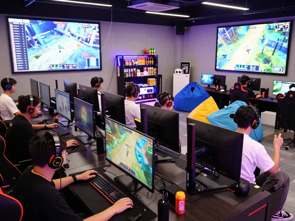 Gaming hub at mantra88 showcasing diverse players engaged in digital competitions and vibrant interactive environment.