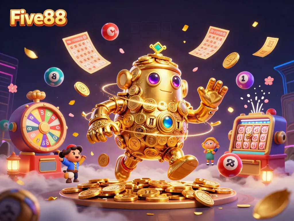 Experience thrilling wins at Five88 with a dynamic 3D casino scene featuring lively game elements.
