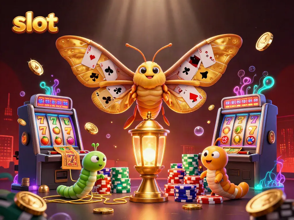 Engage in slot games with this vibrant 3D render of a moth and casino elements.