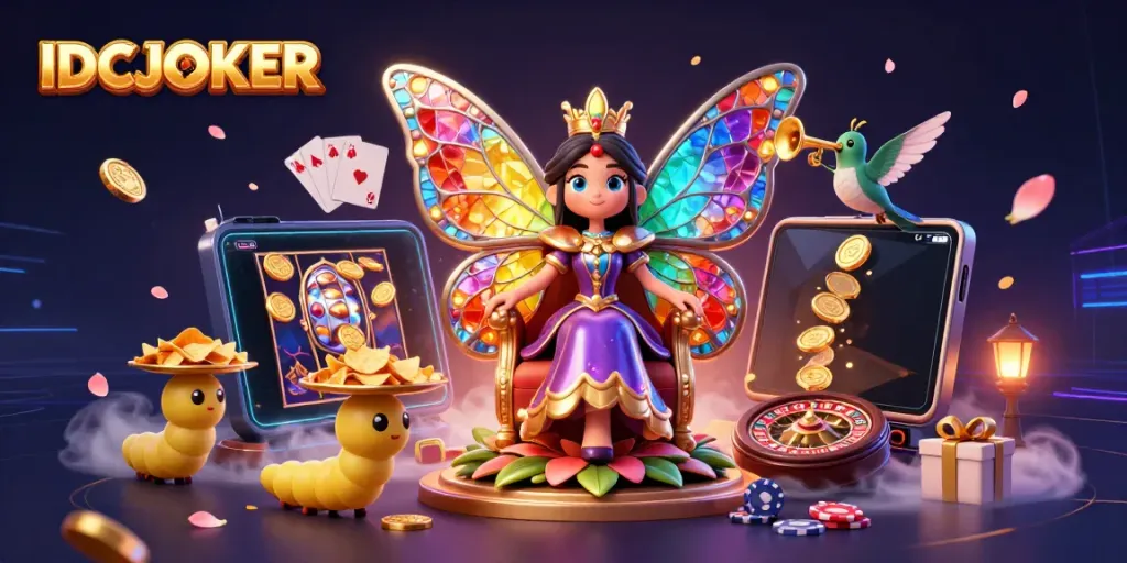 Experience thrilling games with IDCJOKER's vibrant casino-themed butterfly queen in a 3D illustration.