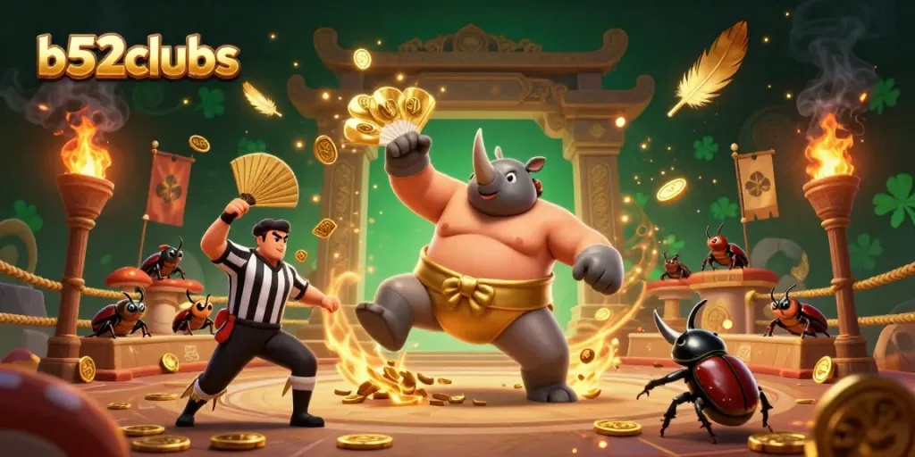 Compete at b52clubs with thrilling battles between sumo champions and cricket referees amidst flying coins.