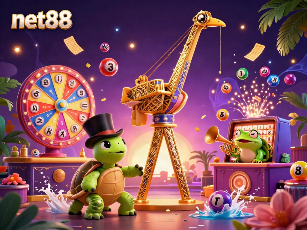 Experience thrilling moments with net88 as vibrant lottery balls bounce amidst charming characters in a lively casino setting.