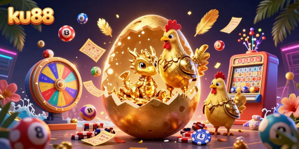Experience thrilling wins at ku88 with a golden dragon emerging from a treasure of poker chips amidst vibrant lottery elements.