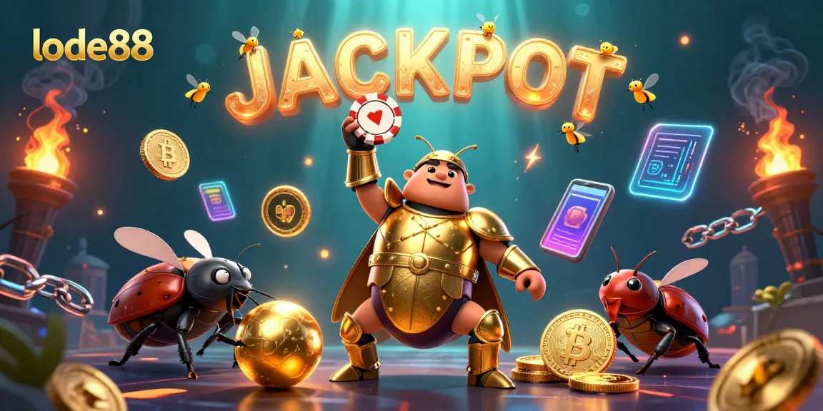 Experience the thrill of lode88 with a victorious hercules beetle holding a poker chip amidst dazzling crypto elements.