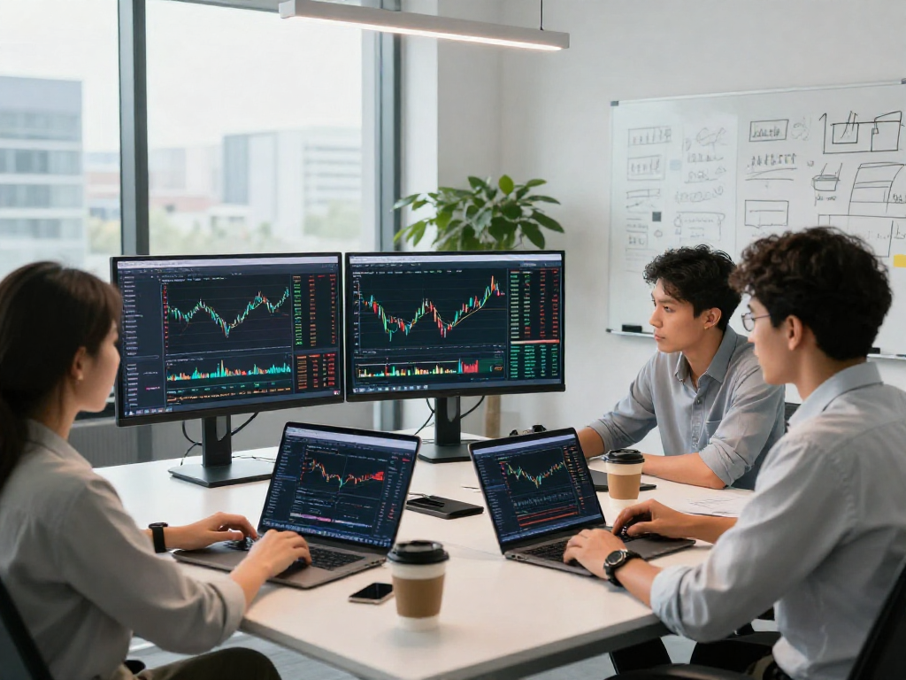 Análisis en grupo de datos sobre trading de Immediate Edge en oficina moderna, pantallas mostrando gráficos.