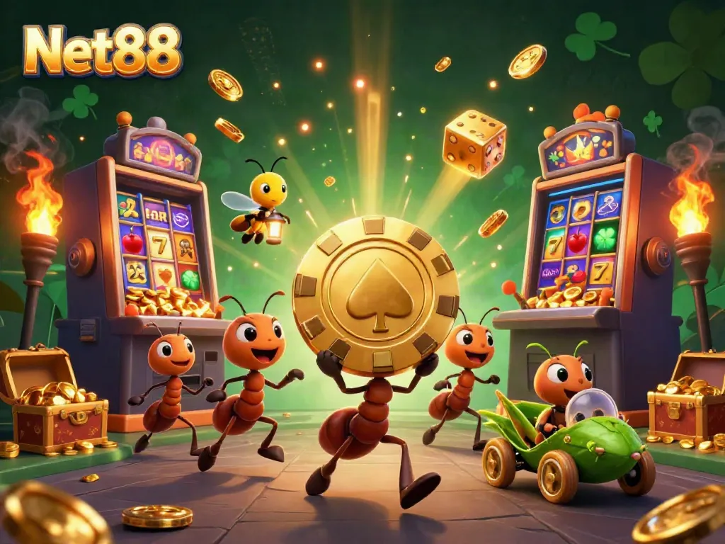 Join the Net88 adventure as ants heist a giant poker chip, surrounded by a jackpot explosion!