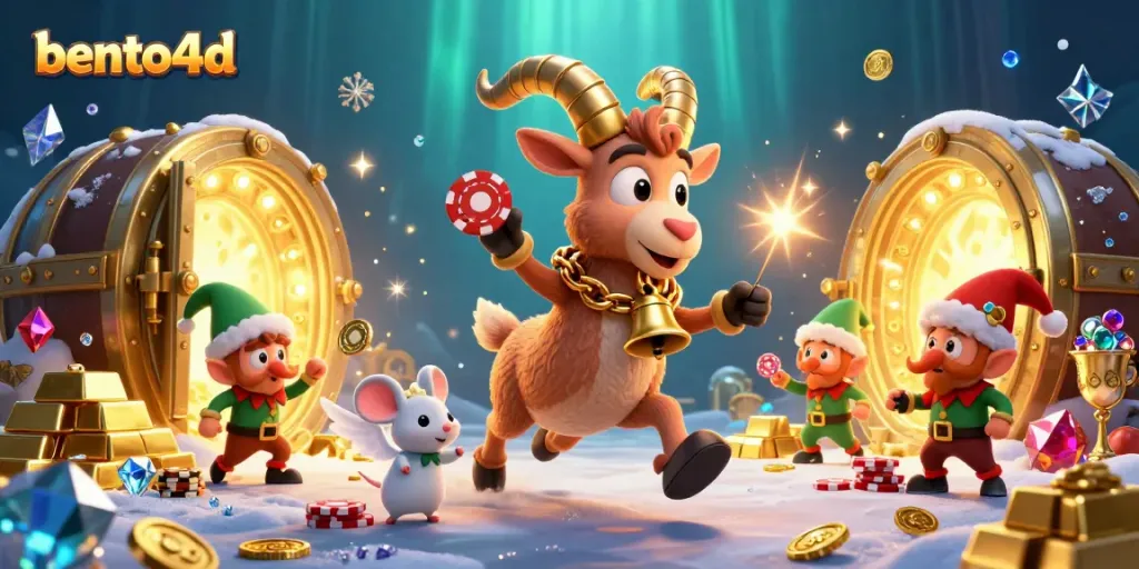 Bento4d showcases a festive casino scene with a Krampus goat and mischievous elves stealing chips.