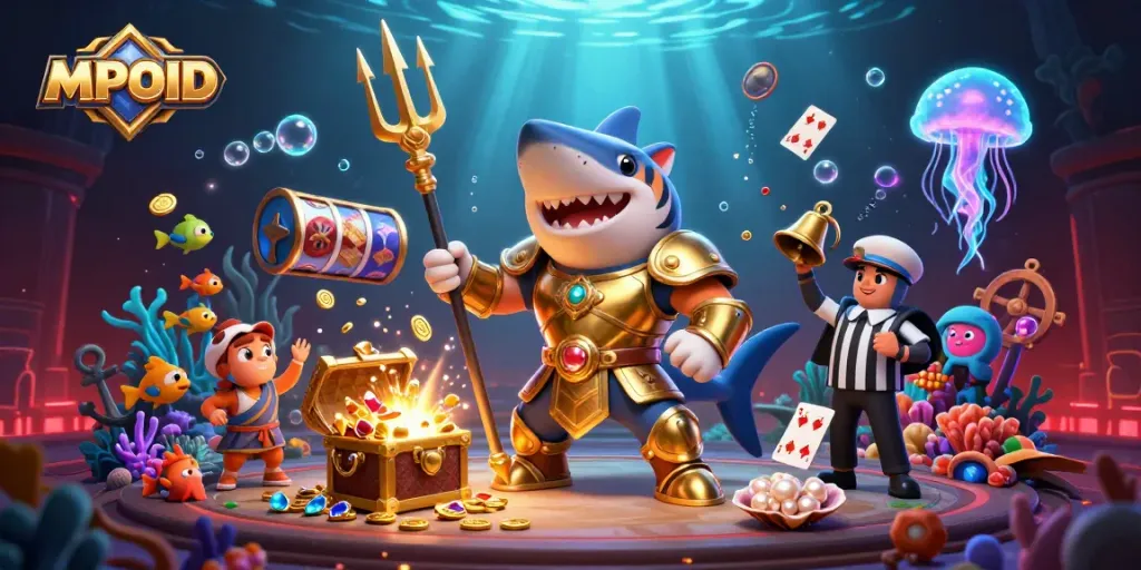 MPOID enhances the excitement with a vibrant slot-themed underwater scene, featuring a styled tiger shark, gold coins, and playing cards.