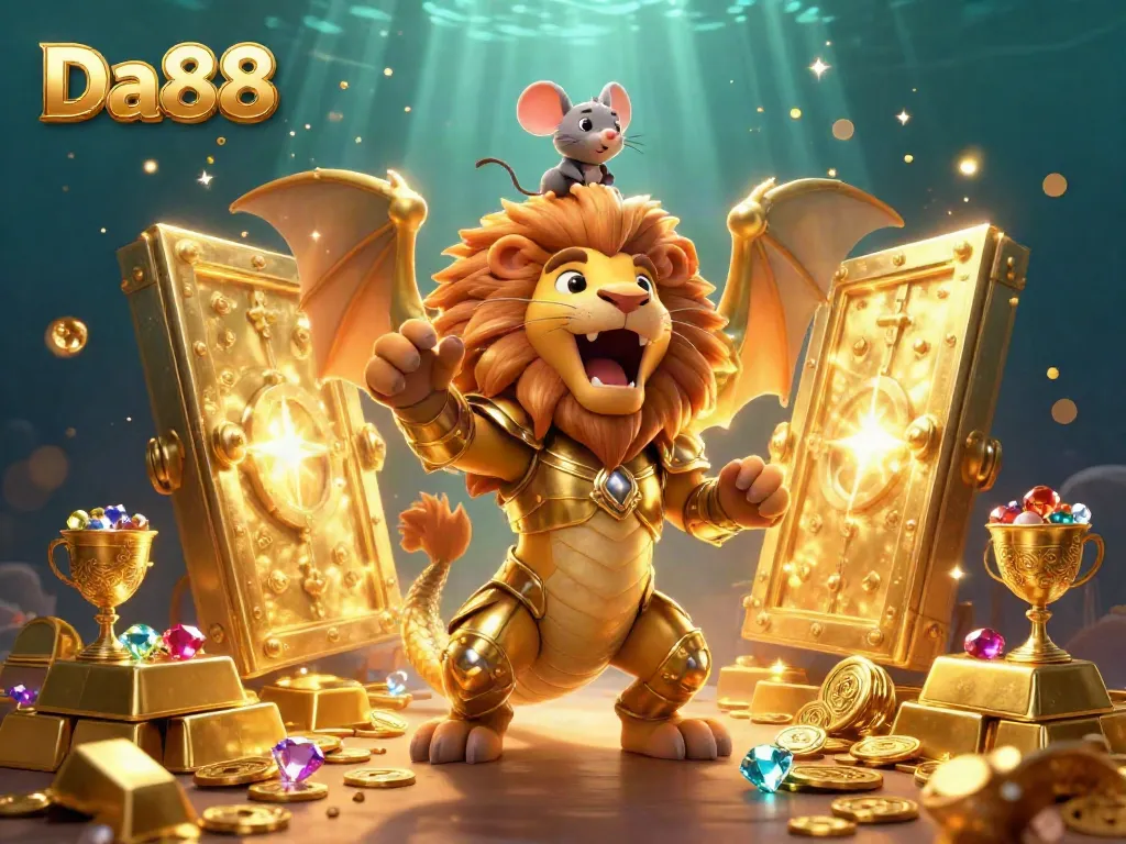 Engage in thrilling gameplay at Da88, surrounded by a dazzling golden treasure scene full of riches.