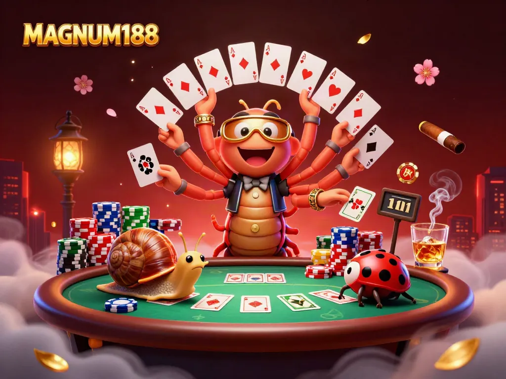 Experience the excitement of MAGNUM188 casino with an animated scene featuring a millipede dealer, vibrant poker elements, and high-stakes action.