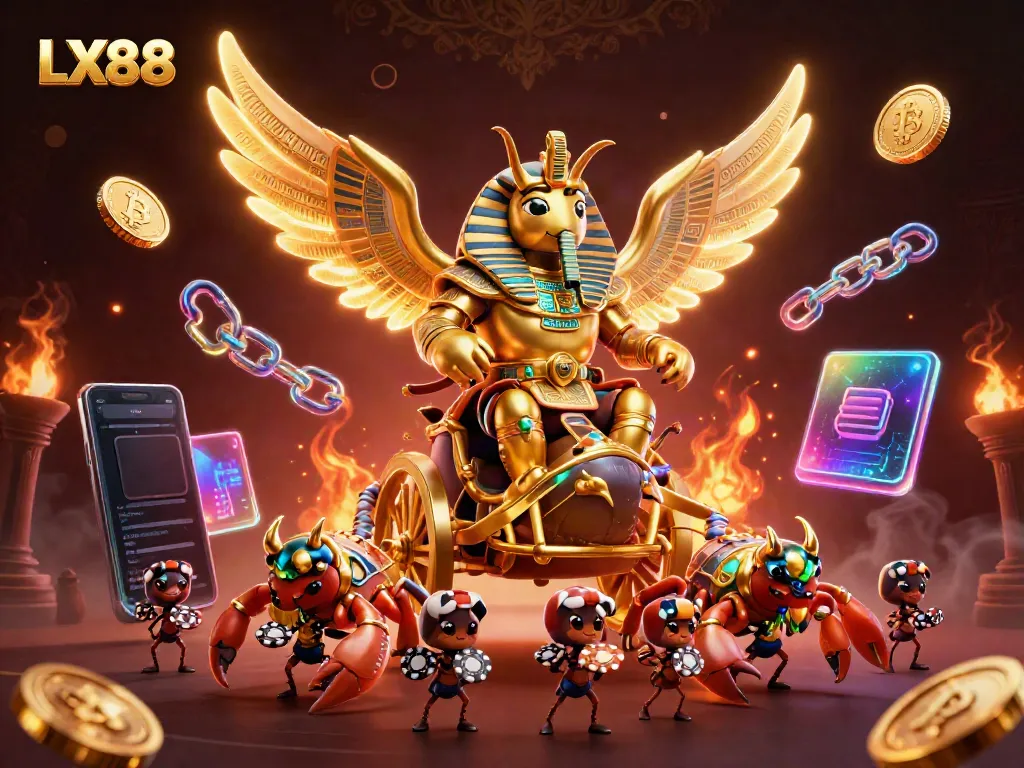Experience exciting gameplay at LX88 with a golden scarab beetle chariot, showcasing vibrant crypto elements and dynamic casino imagery.