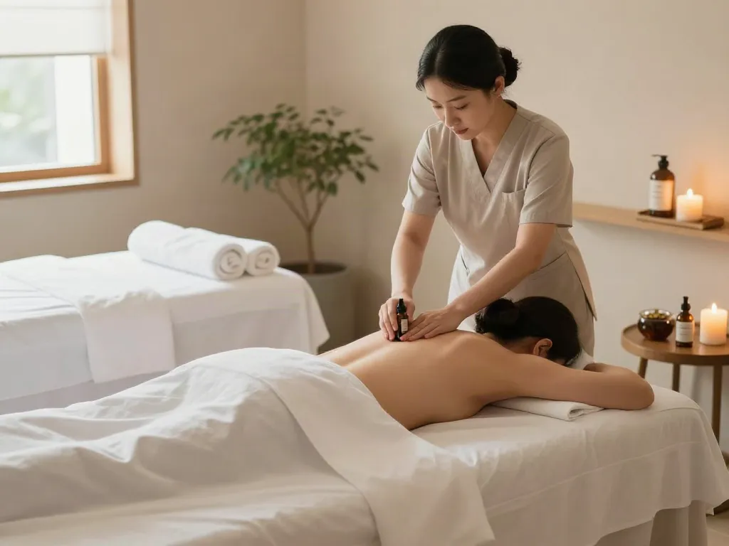 Relaxing massage therapy room showcasing 오산출장안마 services, with soft lighting and calming decor.