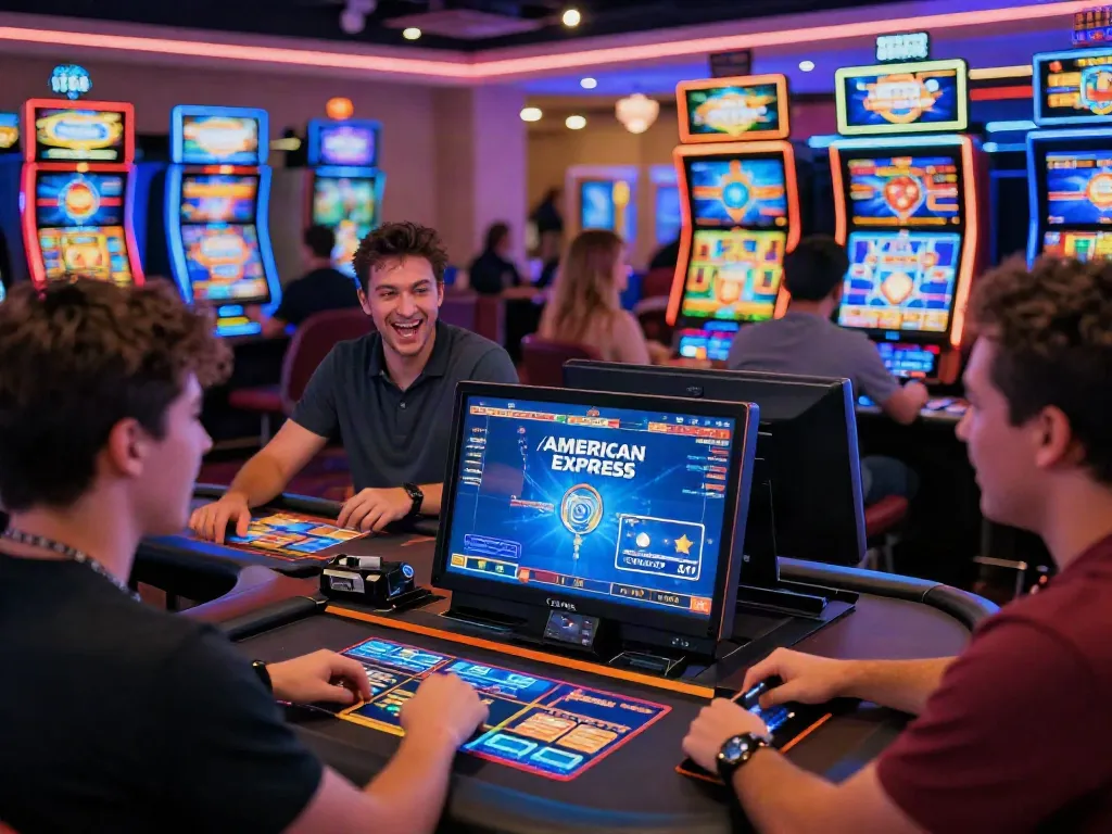 Players enjoying amex casinos with dynamic games and colorful machines in vibrant online setting.