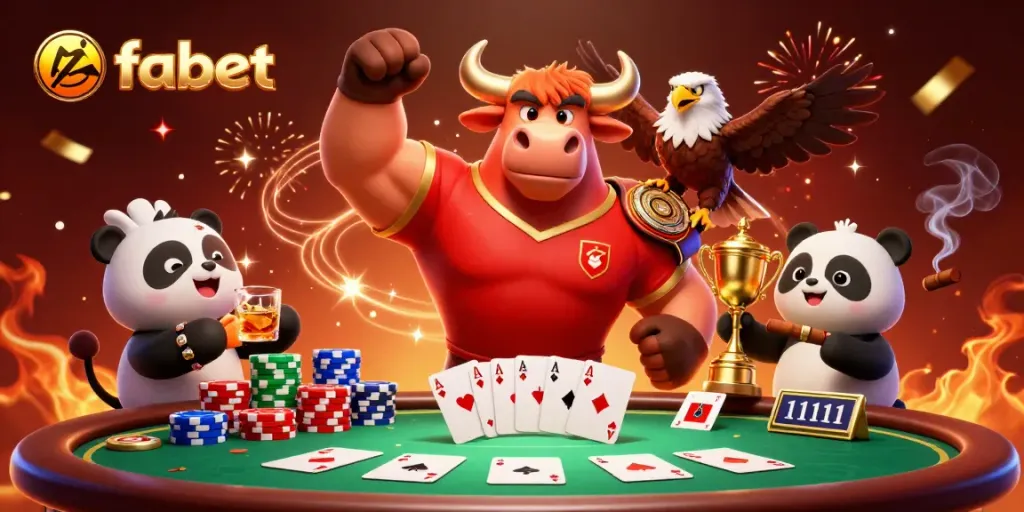 Experience excitement at fabet with a trio of mascots celebrating casino victories amidst vibrant game elements and energetic confetti.
