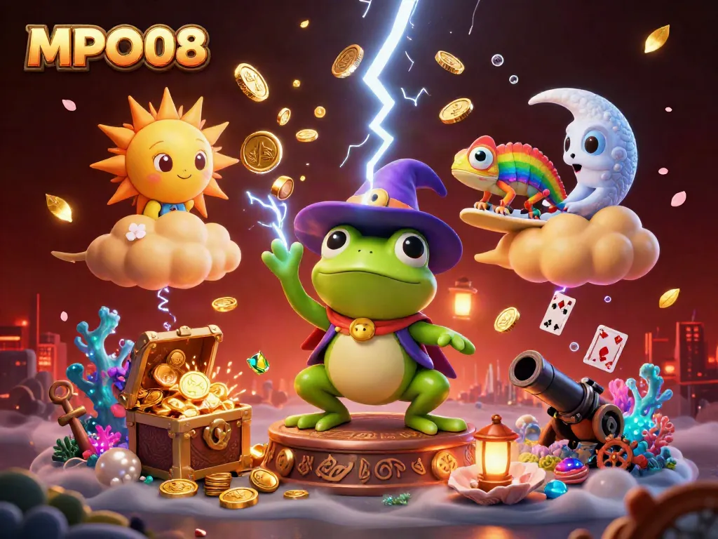 MPO08 engaging players with a dynamic gambling scene featuring enchanting characters amidst gold coins and vibrant casino elements.