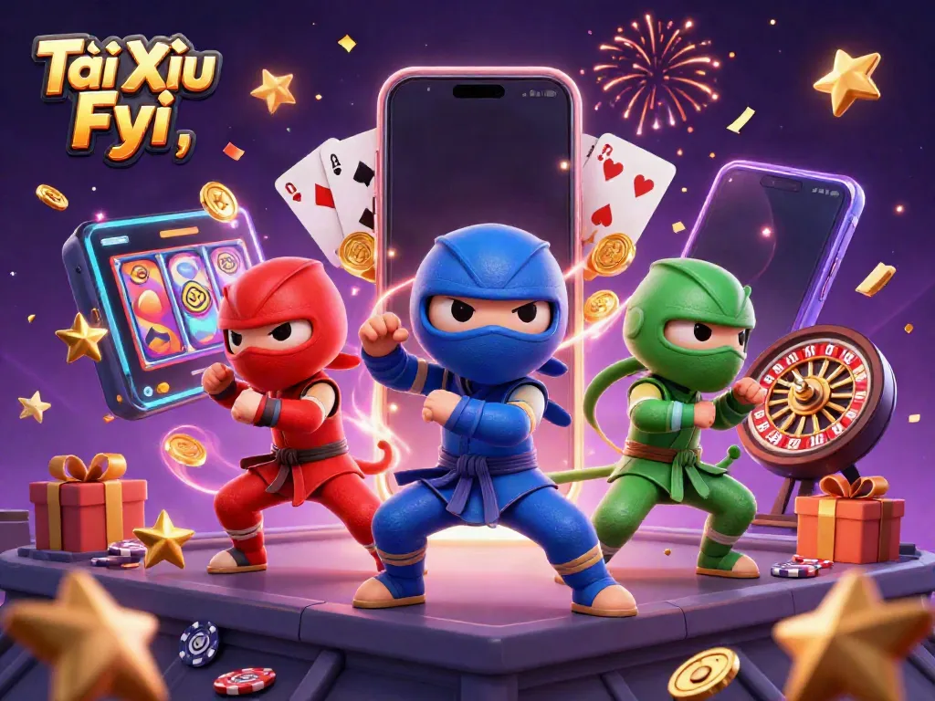 Tài Xỉu Fyi ninja chameleon team showcasing martial arts poses amidst a vibrant casino-themed backdrop.