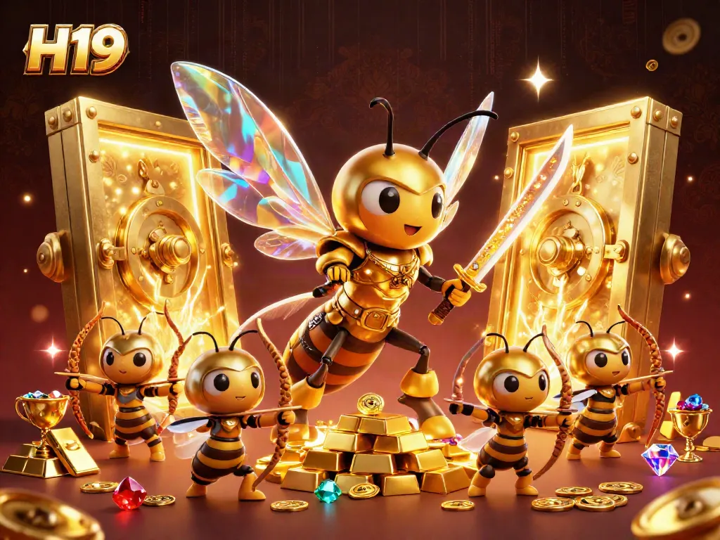 Experience the excitement of H19 with a vibrant 3D illustration depicting a dynamic samurai hornet and bee archers amidst a treasure-filled casino.