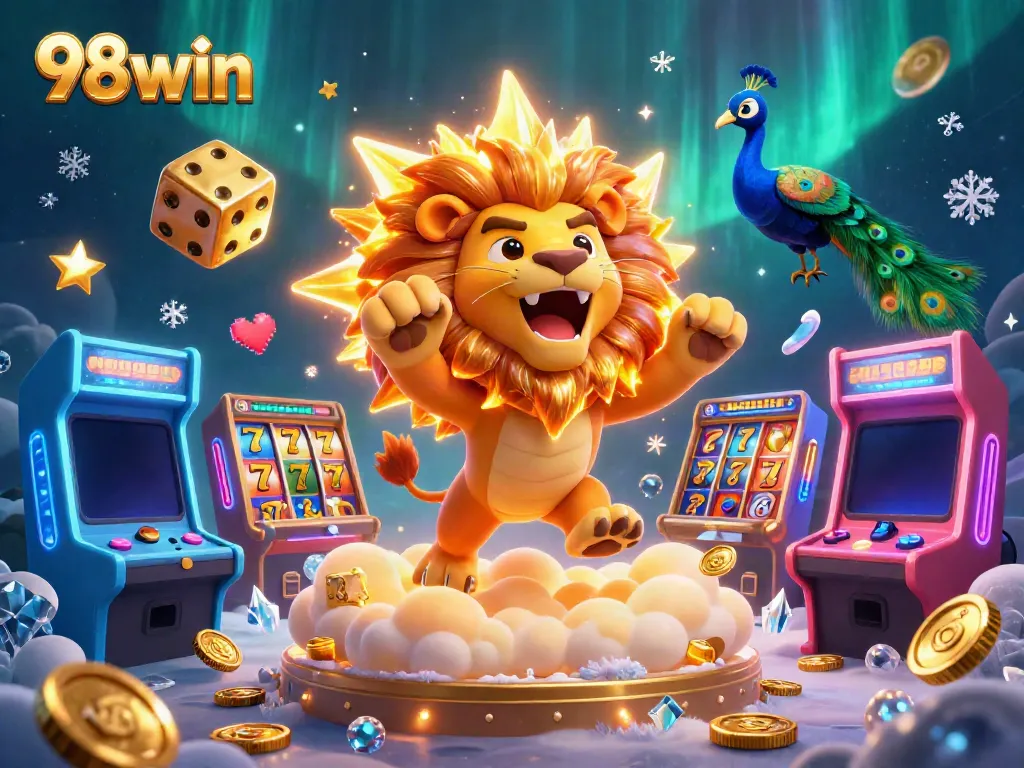 Experience thrilling gaming action at 98win with vibrant slot reels and golden dice.