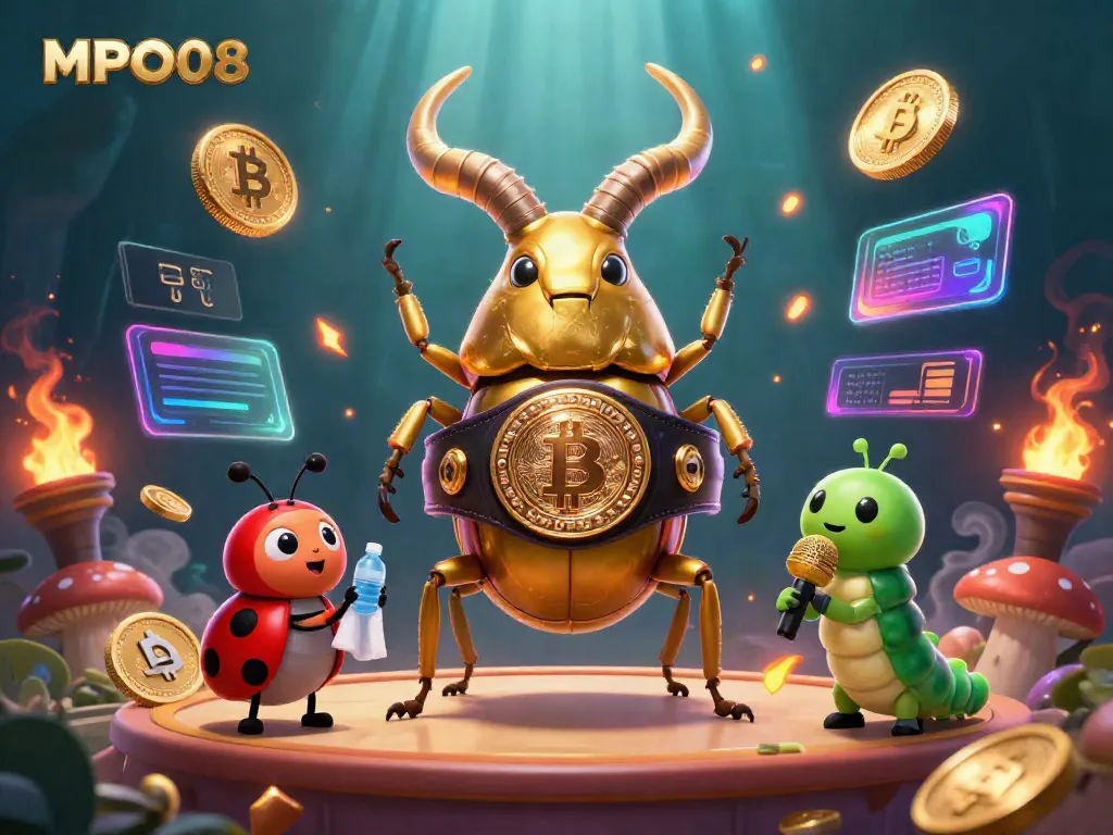 Experience MPO08 excitement with a vibrant scene featuring a golden stag beetle in a boxing match