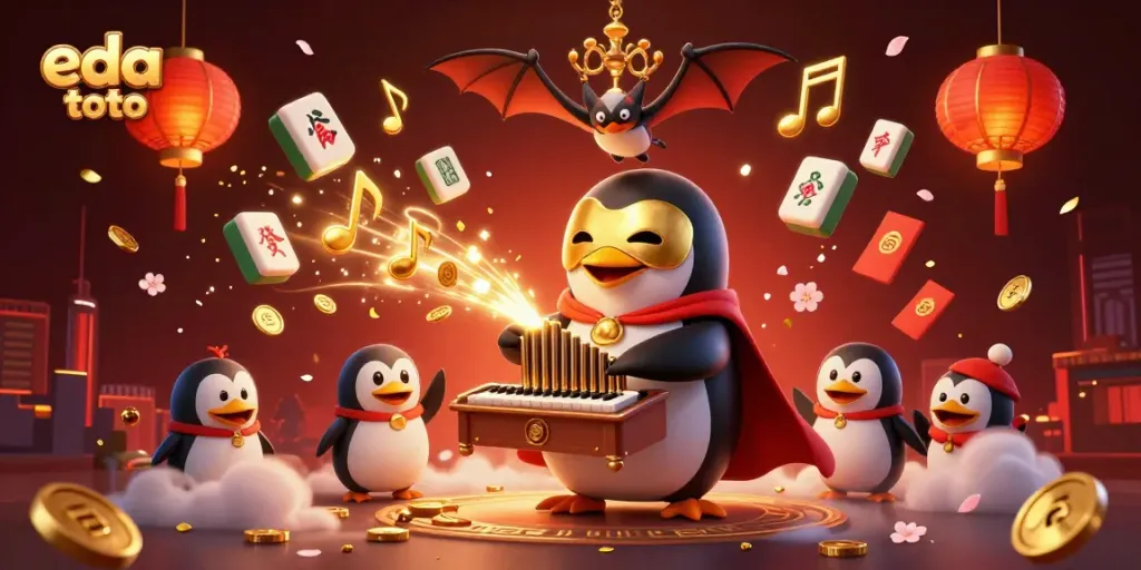 Experience thrilling eda toto gaming with a mystical penguin organist surrounded by vibrant casino elements.