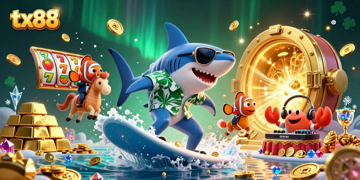 tx88 captures immersive casino action with a shark, seahorse, and DJ crab in a vibrant scene.