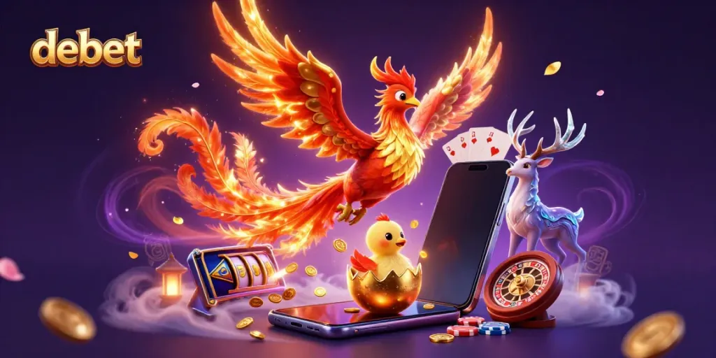 Engage in thrilling gameplay with debet, surrounded by a fiery phoenix, baby phoenix, and a mystical stag in a vibrant casino atmosphere.