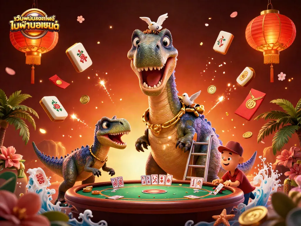 ภาพกราฟฟิก 3D เว็บพนันออนไลน์ ไม่ผ่านเอเย่นต์ มีไดโนเสาร์และการ์ดโป๊กเกอร์