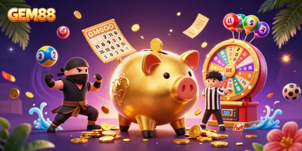 Engaging scene of GEM88 showcasing an animated golden piggy bank sumo wrestler surrounded by dynamic gambling elements, coins, and lottery balls.