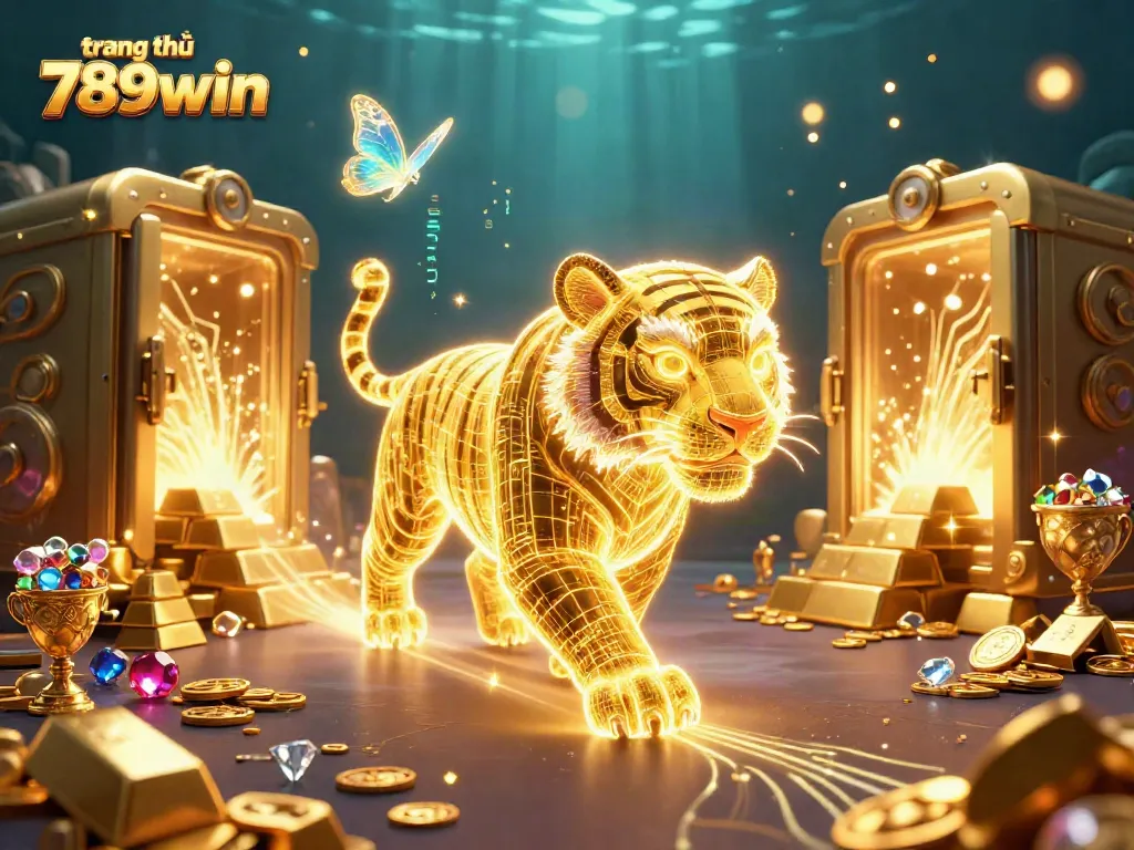 Experience the thrill at trang chủ 789win with a vibrant digital casino scene featuring a golden tiger and treasures.