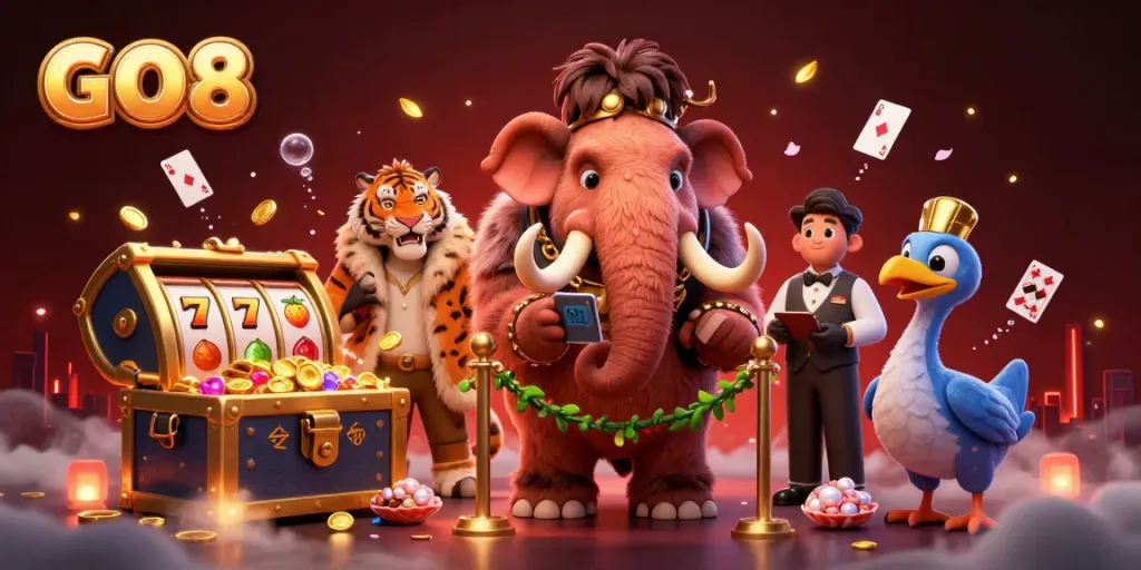 Experience GO8's vibrant casino atmosphere with a bouncer, VIP tiger, and golden ticket treasures.