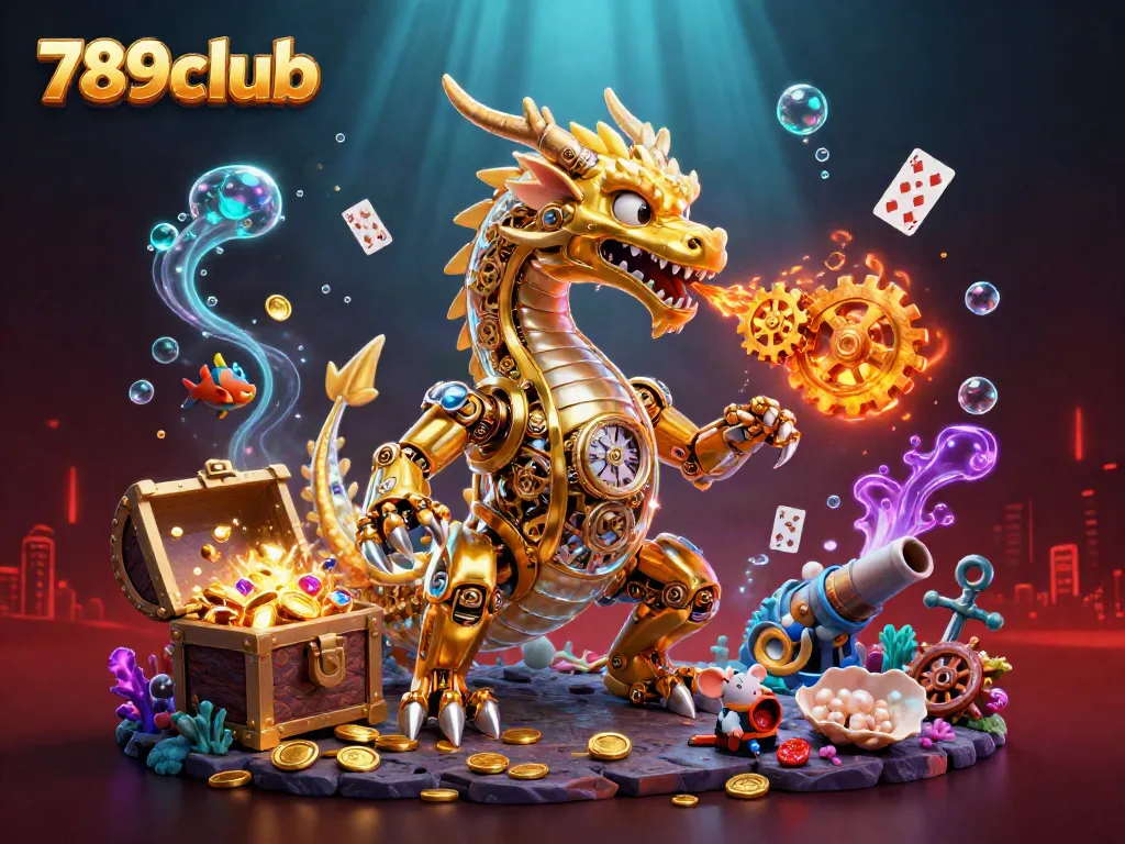 Immerse in 789club's rich fantasy scene with a golden dragon breathing gears near underwater treasures, symbolizing thrilling gaming adventures.