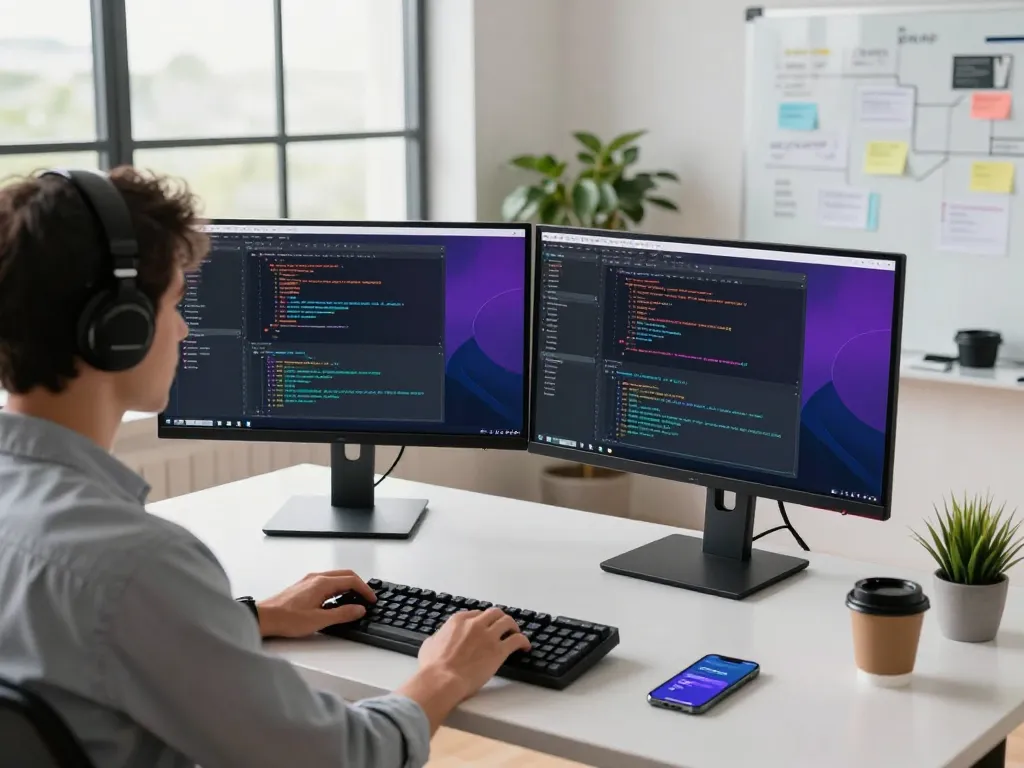 快连 innovative tech workspace with a developer coding on dual monitors surrounded by productivity tools.