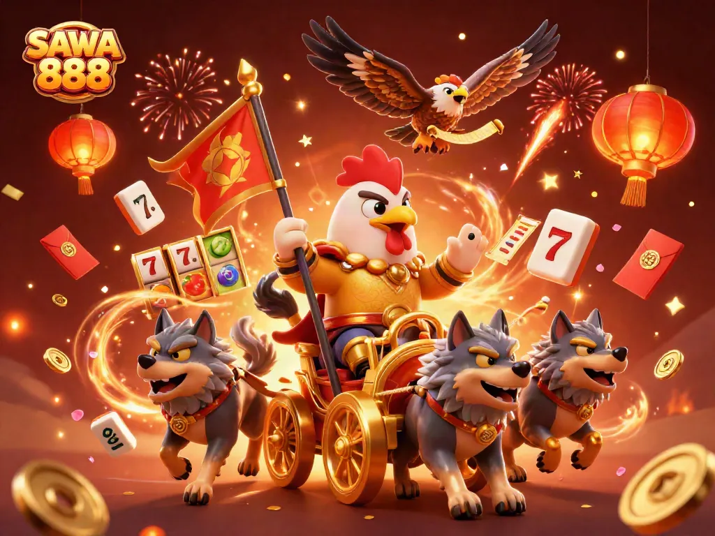 Engage in exciting gameplay with SAWA 888, featuring a rooster warlord in a vibrant casino world.