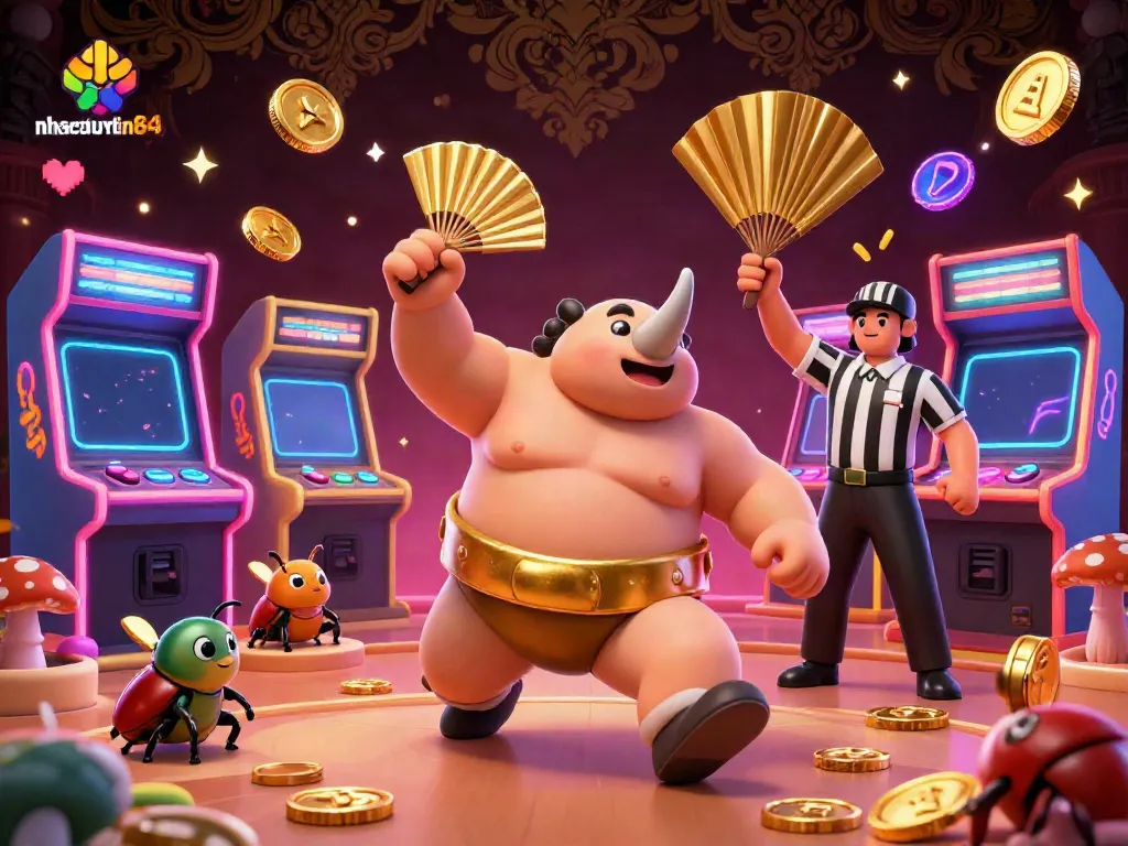 Join the excitement at nhacaiuytin84 with a dynamic casino scene featuring a sumo beetle champion.